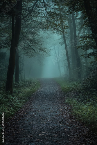 A dark and moody forest pathway is shrouded in an eerie mist, creating an atmosphere of mystery and intrigue photo