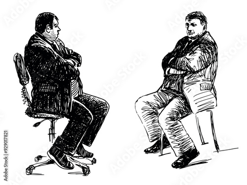 Two men overweight elderly in costumes, bussinesmen sitiing on chairs and conversation, realistic sketch, vector hand drawn illustration isolated on white photo