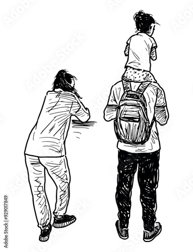 Sketch of young family citizens with little child standing outdoors for resting, looking, realistic hand drawn vector illustration isolated on white