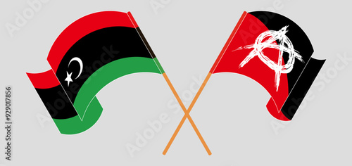 Crossed and waving flags of Libya and Anarchy