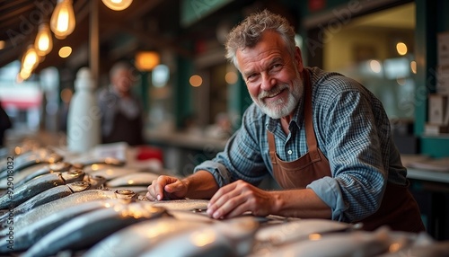 Portrait of a smiling fishmonger arranging fresh fish. The clean, symmetrical layout with natural light and depth of field creates an advertising-ready image with space for text.