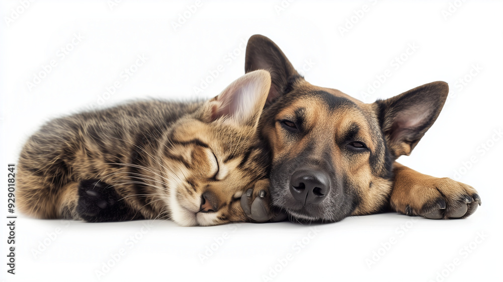 close up of isolated couple hugging: german shepherd dog and cat; domestic animals; two friends; white background close up of isolated couple hugging: german shepherd dog and cat; domestic animals; two friends; white background