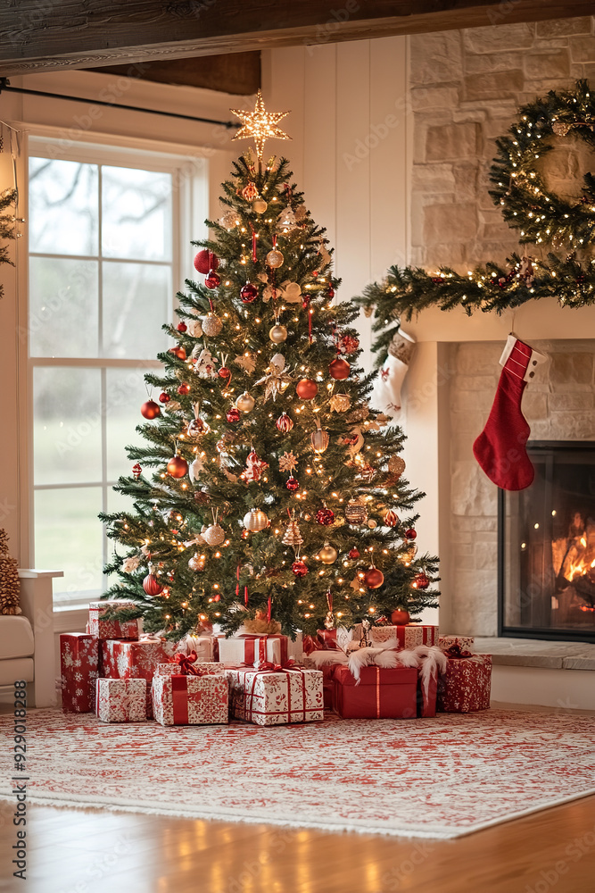 A festive Christmas background features a beautifully decorated tree, adorned with shimmering ornaments, twinkling lights, and colorful garlands
