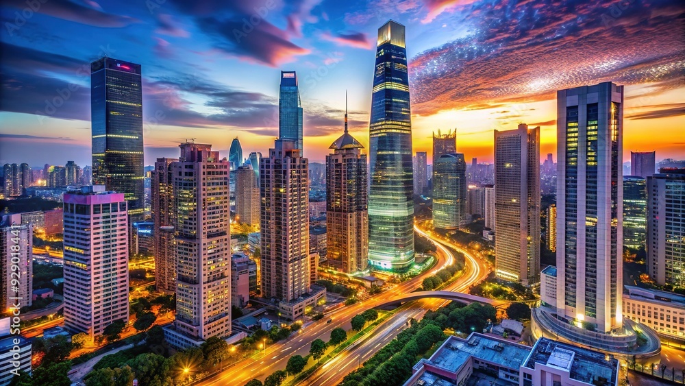 Obraz premium Modern cityscape at dusk with sleek skyscrapers, bustling streets, and vibrant neon lights illuminating the urban landscape, conveying energy and sophistication.