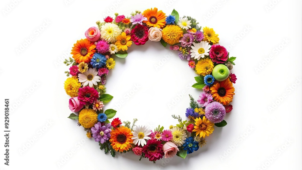 Wreath of colorful flowers isolated on white background , flower, wreath, isolated, decoration, floral, arrangement, nature Wreath of colorful flowers isolated on white background , flower, wreath, isolated, decoration, floral, arrangement, nature