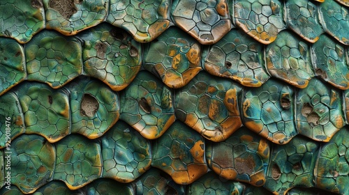 Close-up view of textured green and orange hexagonal surfaces resembling reptile scales