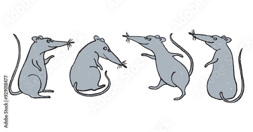 Rats gray, cartoon four animals, sly, funny rodents, hand drawn vector illustration isolated on white