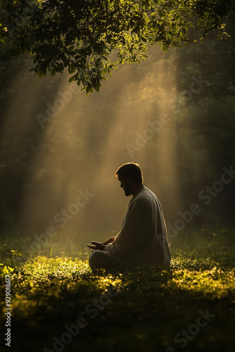 A grateful man prays to God in the serene light of the morning