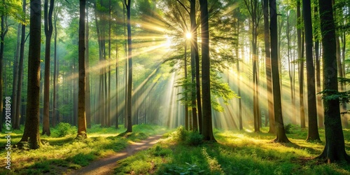 A serene forest with sunlight filtering through the trees , nature, background, tranquility, peaceful, woods, trees