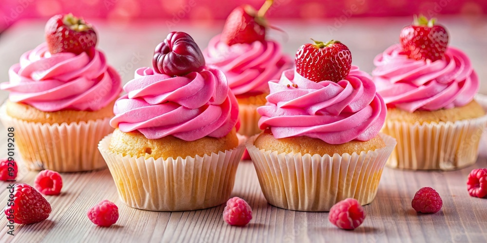 Delicious cupcakes with pink frosting, fresh raspberries, heart-shaped candy Delicious cupcakes with pink frosting, fresh raspberries, heart-shaped candy