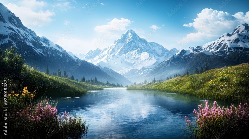 illustration of Breathtaking mountain view reflecting in a serene lake surrounded by vibrant flowers and lush greenery under a clear blue sky. illustration of Breathtaking mountain view reflecting in a serene lake surrounded by vibrant flowers and lush greenery under a clear blue sky.