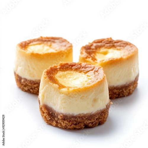 Three Mini Cheesecakes with a Golden Crust on a White Background