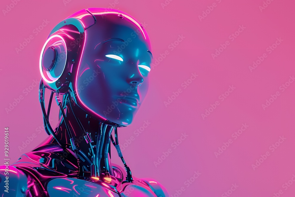 A close-up of a robotic head with neon pink and blue highlights. A close-up of a robotic head with neon pink and blue highlights.