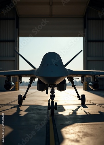 Inside a dim hangar, an UAV Reaper drone is illuminated, casting intense shadows on its armed exterior, with space for text and depth.