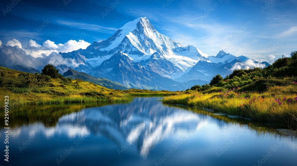 illustration of Stunning landscape featuring a majestic mountain reflected in a serene lake surrounded by lush greenery and a clear blue sky. illustration of Stunning landscape featuring a majestic mountain reflected in a serene lake surrounded by lush greenery and a clear blue sky.