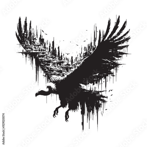 silhouette of Vulture filled with destroyed futuristic dystopia environment in rough drawing