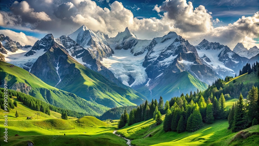 Majestic mountain landscape with snowy peaks and green valleys, mountains, landscape, nature, scenic, snow, peaks, valleys Majestic mountain landscape with snowy peaks and green valleys, mountains, landscape, nature, scenic, snow, peaks, valleys