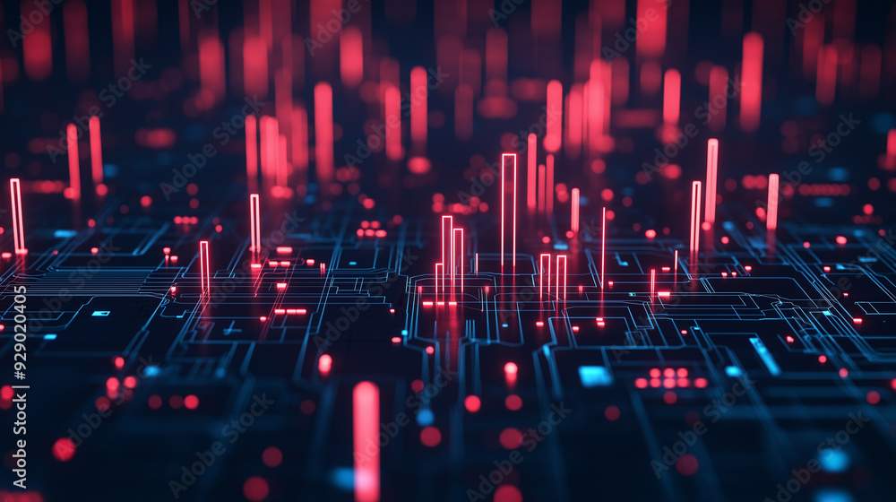 A computer generated image of a cityscape with red and blue lights A computer generated image of a cityscape with red and blue lights