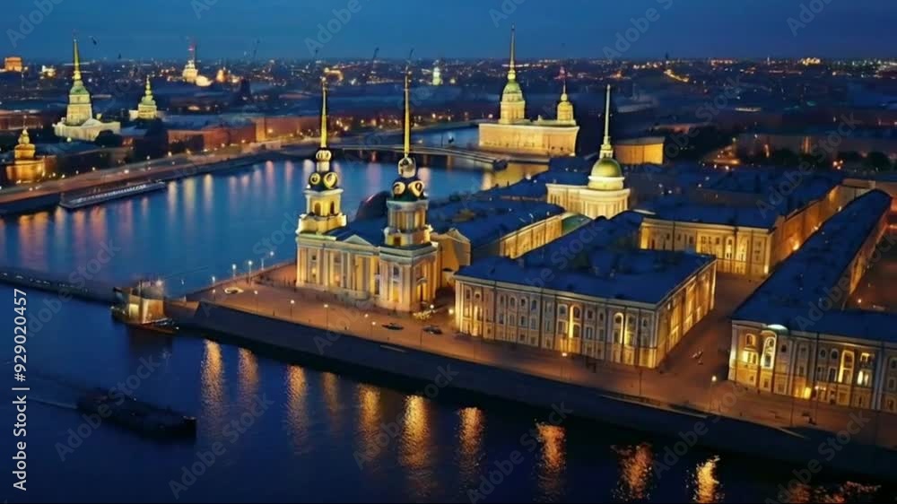 Aerial night view of Peter and Paul Fortress with cityscape, Saint-Petersburg, Aerial night view of Peter and Paul Fortress with cityscape, Saint-Petersburg,