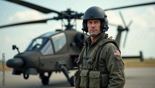 A fully equipped helicopter pilot stands confidently, with the AH-64 Apache Guardian blurred in the background.