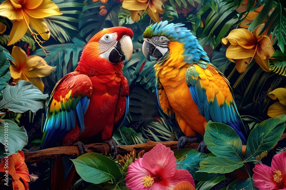 Obraz premium Close-up of two vibrant parrots on a branch with lush foliage and exotic flowers in a tropical jungle setting.