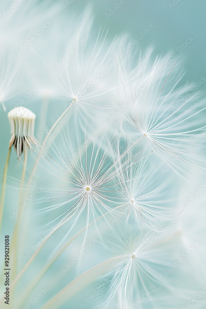 Naklejka premium A romantic close-up of a delicate white dandelion flower, its seed head softly glowing in the gentle light of springtime.