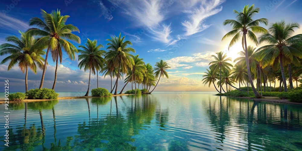 Towering palms and serene waters in a majestic tropical oasis, palm trees, tropical, oasis, serene, waters, tranquil Towering palms and serene waters in a majestic tropical oasis, palm trees, tropical, oasis, serene, waters, tranquil