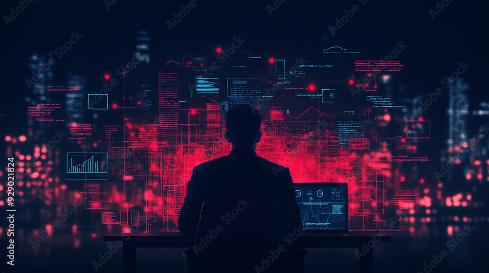 The city is lit up with bright lights, and the man is focused on his work The city is lit up with bright lights, and the man is focused on his work