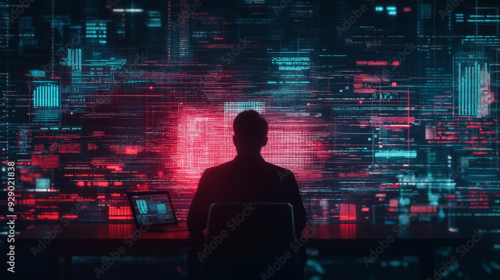 A man is sitting at a desk in front of a computer screen with a red circle on it A man is sitting at a desk in front of a computer screen with a red circle on it