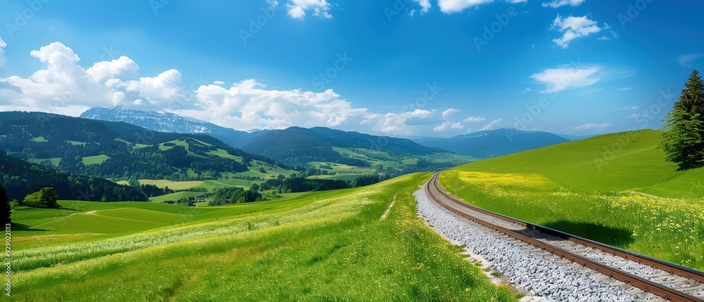 Scenic landscape with a railway track winding through rolling green hills under a bright blue sky with fluffy clouds and mountain views. Scenic landscape with a railway track winding through rolling green hills under a bright blue sky with fluffy clouds and mountain views.
