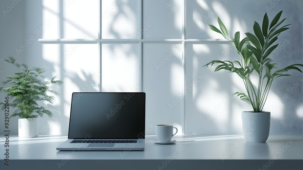 Minimalist 3D Rendered Workspace with Open Laptop and Coffee Clean Modern Office Setup for Productivity and Business Minimalist 3D Rendered Workspace with Open Laptop and Coffee Clean Modern Office Setup for Productivity and Business