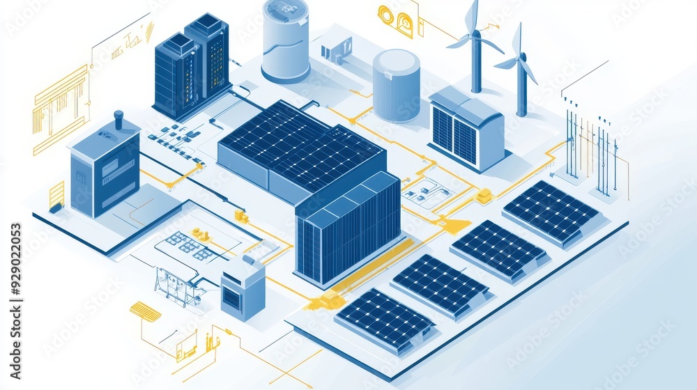 Obraz premium Outline of smart grid solution featuring solar energy storage