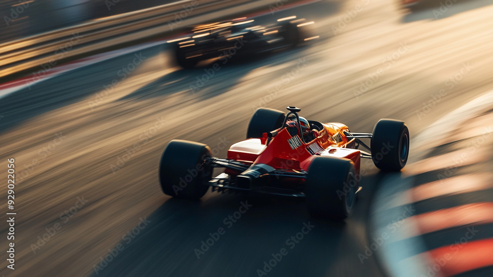 Obraz premium A vintage racing car speeds around a curve on a sunlit track during a motorsport event in the late afternoon