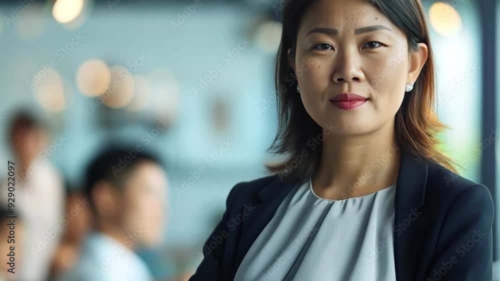 Confident businesswoman in office with team, exuding leadership. Bright, vibrant atmosphere perfect for business projects Confident businesswoman in office with team, exuding leadership. Bright, vibrant atmosphere perfect for business projects