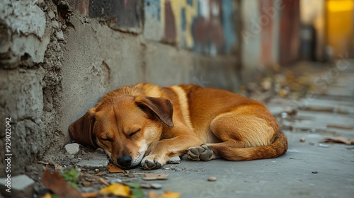 Forgotten Pup Sad Stray Dog Huddled on Desolate Sidewalk photo