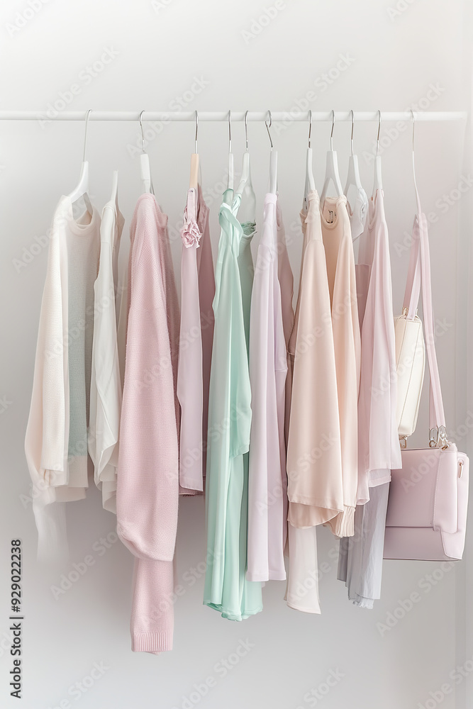A stylish collection of women's fashion pastel clothes is displayed on a minimalist hanger against a crisp white background A stylish collection of women's fashion pastel clothes is displayed on a minimalist hanger against a crisp white background