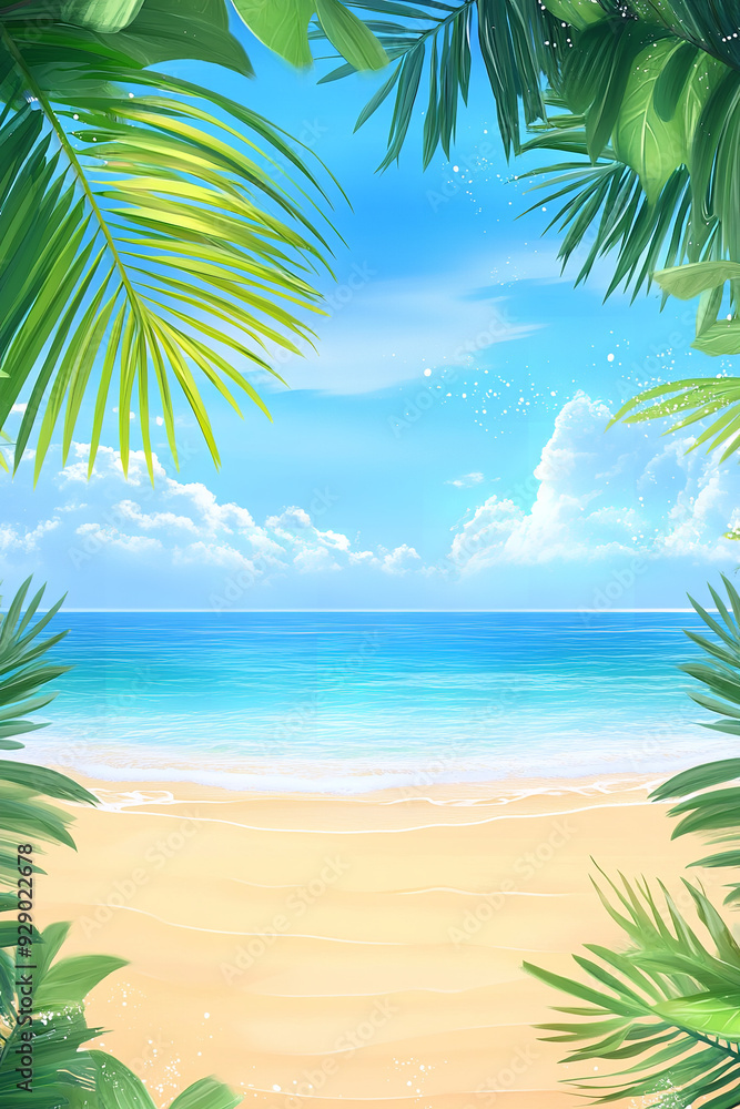 A summer background features a vibrant tropical beach scene, with golden sand stretching under the warm rays of sunlight