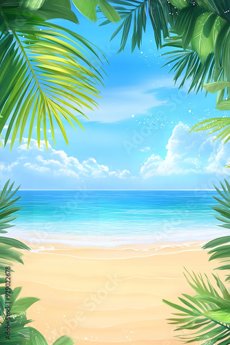 Obraz na płótnie A summer background features a vibrant tropical beach scene, with golden sand stretching under the warm rays of sunlight w salonie