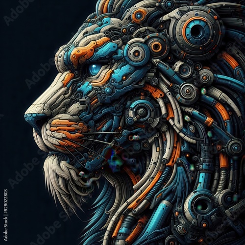 A striking, stylized lion's head merging natural beauty with mechanical intricacies, symbolizing strength, innovation, and creativity in design. photo