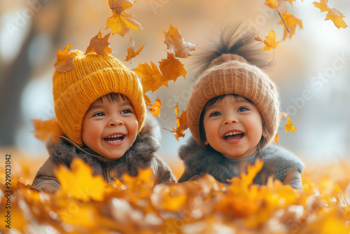 Kids Playing In Autumn Leaves