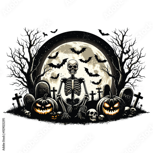 Skeleton in haunted graveyard with full moon background, Halloween themed eerie illustration