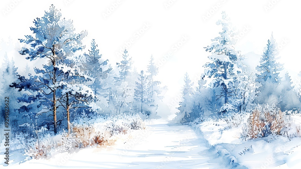 Serene winter landscape with snow-covered trees and a snowy path, evoking a peaceful, tranquil winter scenery. Serene winter landscape with snow-covered trees and a snowy path, evoking a peaceful, tranquil winter scenery.