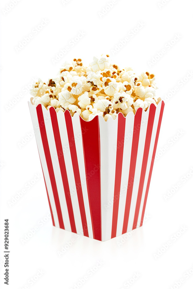 A vibrant red and white striped popcorn box stands out, brimming with freshly popped kernels. A vibrant red and white striped popcorn box stands out, brimming with freshly popped kernels.