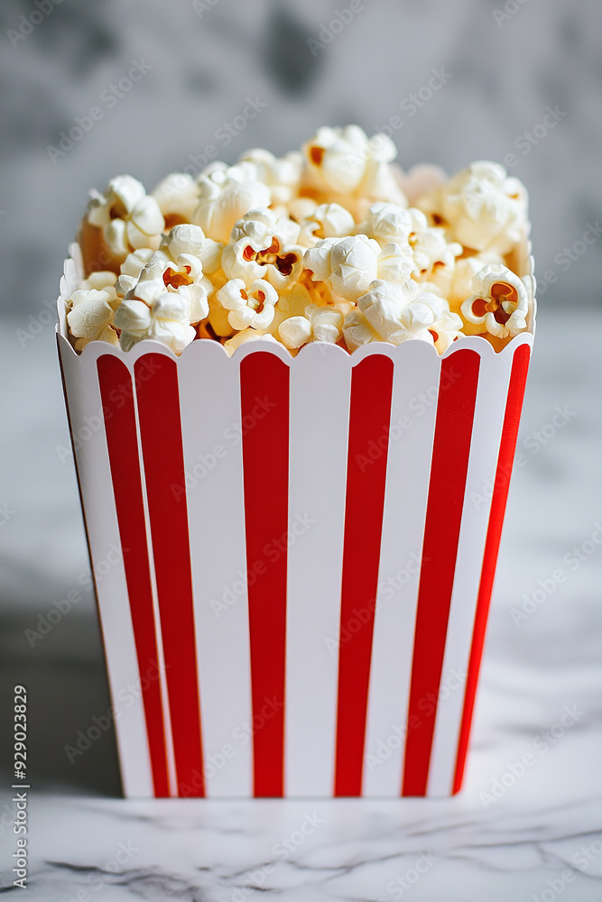 A vibrant red and white striped popcorn box stands out, brimming with freshly popped kernels. A vibrant red and white striped popcorn box stands out, brimming with freshly popped kernels.