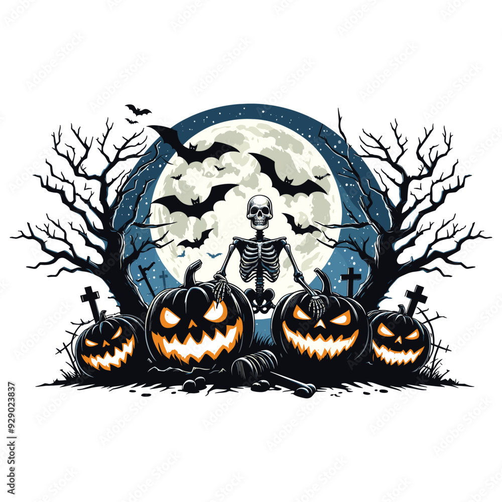 Halloween skeleton art with carved pumpkins under full moon; perfect for spooky decorations Halloween skeleton art with carved pumpkins under full moon; perfect for spooky decorations