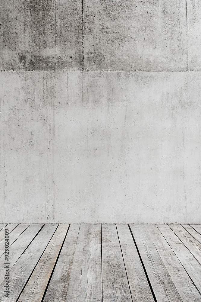 Fototapeta premium A white blank concrete wall serves as a clean, neutral backdrop, while a warm wooden floor adds texture and contrast.