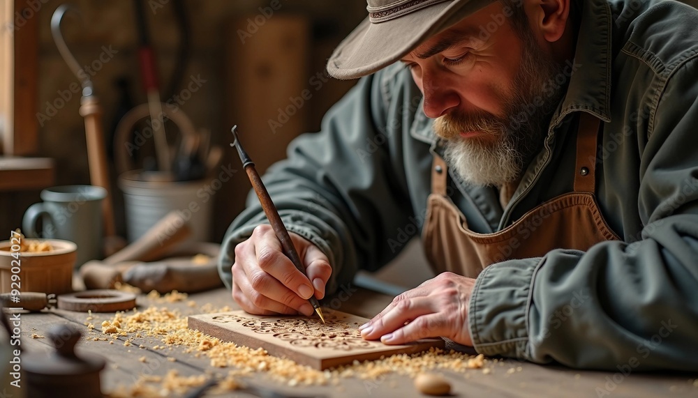 In a rustic craftsman studio, an artisan carves intricate designs into wood. Tools and shavings add authenticity, with the depth of field highlighting the artisan’s work and a blurred backdrop.
In a rustic craftsman studio, an artisan carves intricate designs into wood. Tools and shavings add authenticity, with the depth of field highlighting the artisan’s work and a blurred backdrop.