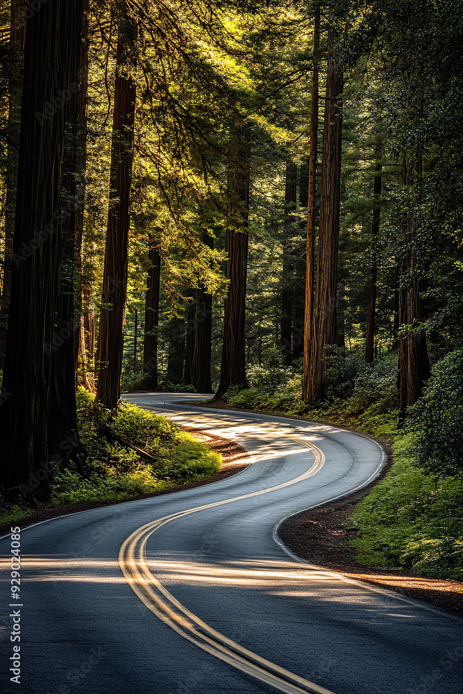Naklejka premium A winding road meanders through the majestic California redwoods, the towering trees swaying gently in the breeze under daylight
