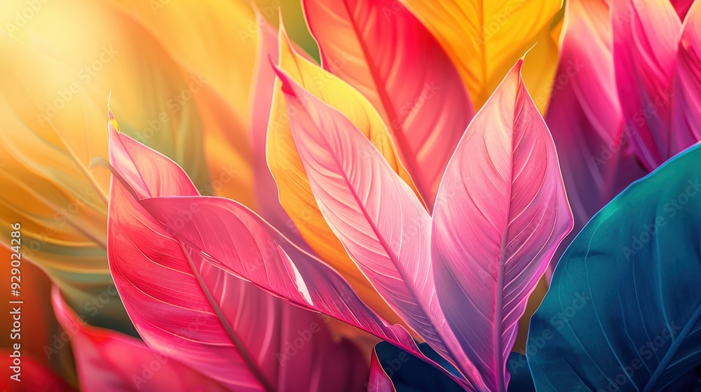 Vibrant close-up of colorful tropical leaves in soft light, showcasing vivid reds, pinks, and blues, perfect for nature-inspired designs. Vibrant close-up of colorful tropical leaves in soft light, showcasing vivid reds, pinks, and blues, perfect for nature-inspired designs.