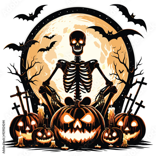 Spooky skeleton with jack-o'-lanterns under full moon, Halloween illustration, greeting card